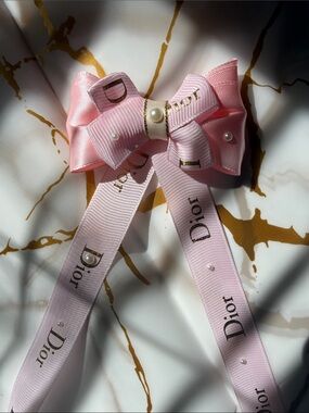Dior Light Pink Logo Ribbon Bow with Pearl and Gold  Dior Gift Bow (Bow only)